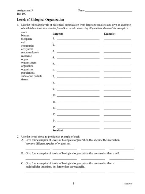 levels of organization worksheet pdf